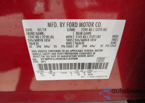 2019 Ford Edge Sel из США, поврежденный, VIN 2FMPK3J99KBC43598